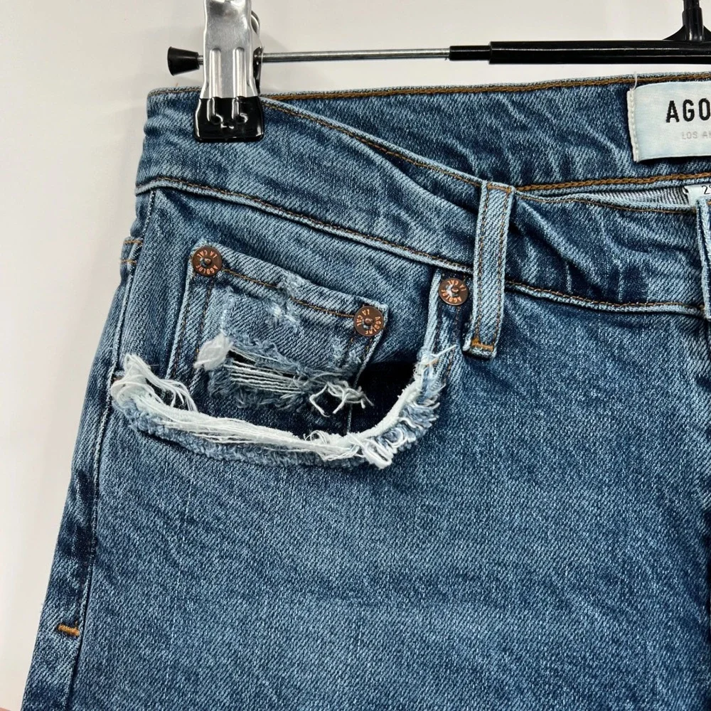 AGOLDE Toni Slim Straight‎ Jeans Womens Blue Distressed Chewed Hem 28